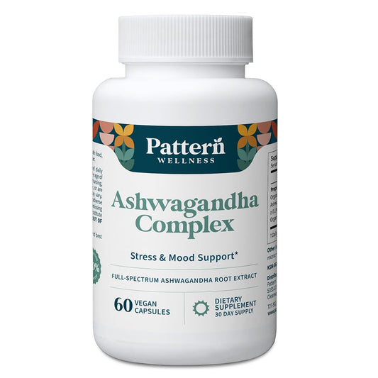 Pattern Wellness Ashwagandha Complex bottle promotes calm energy balance on display.