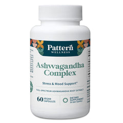 Pattern Wellness Ashwagandha Complex bottle promotes calm energy balance on display.