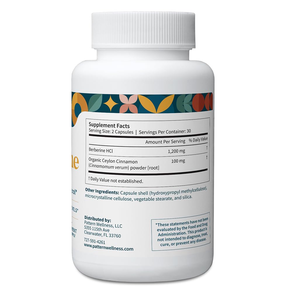 Pattern Wellness Berberine Cinnamon bottle pouring capsules for easy daily use