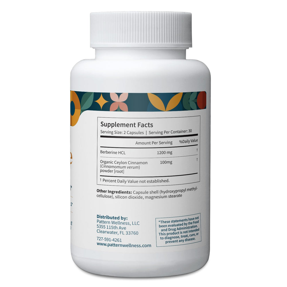 Pattern Wellness Berberine Cinnamon label detail showing vegan, non-GMO quality
