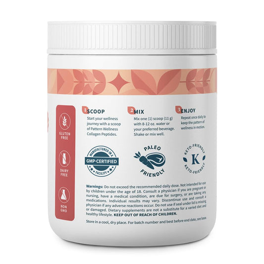 Pattern Wellness Collagen Peptides dissolving in water for smooth drinks and skin hydration.
