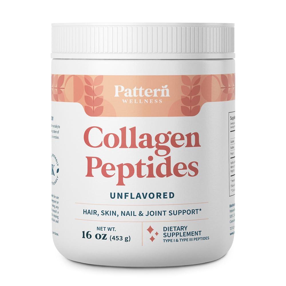 Pattern Wellness Collagen Peptides unflavored 16oz with scoop for daily beauty and joint support.