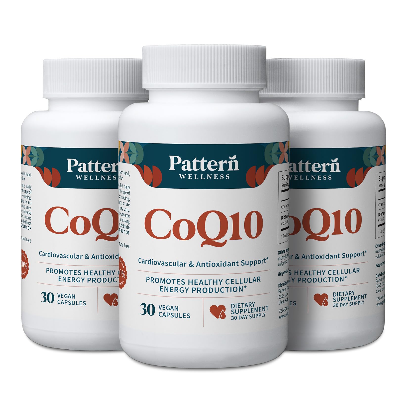 Pattern Wellness CoQ10 bottle pour showing easy-to-swallow capsules for daily energy support