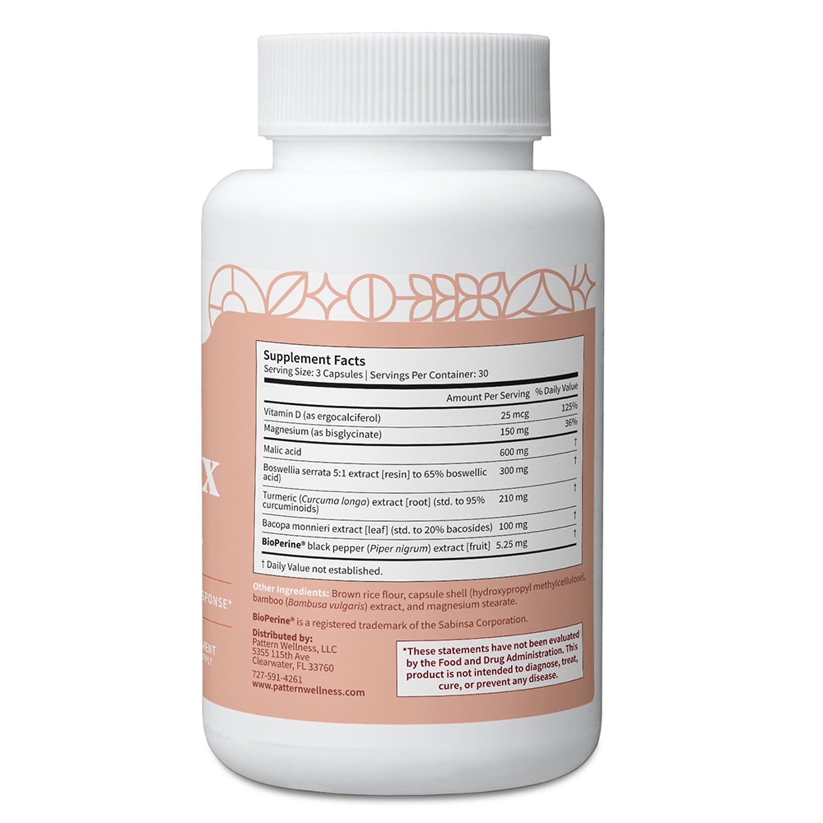 Pattern Wellness Fibro Complex label highlights ingredients and BioPerine for absorption.