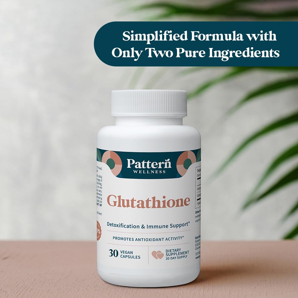 Pattern Wellness Glutathione capsules highlight 500 mg dose on label