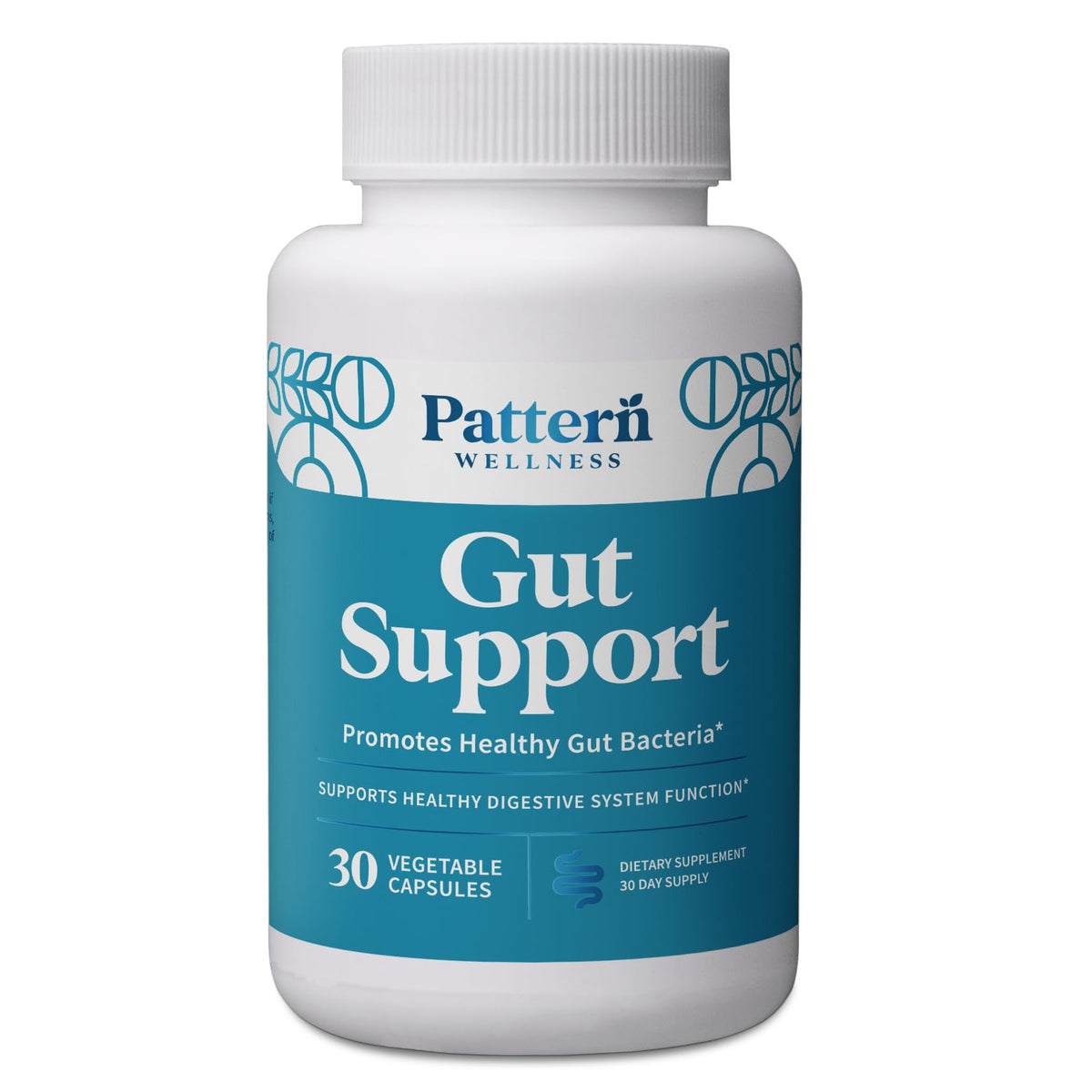 Pattern Wellness Gut Support bottle closeup showing easy daily dosing for digestive balance