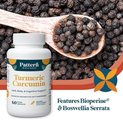 Pattern Wellness ingredient graphic emphasizes curcumin-rich turmeric in daily use.
