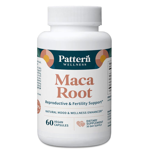Pattern Wellness Maca Root Extract bottle label with 60 vegan capsules for daily vitality.