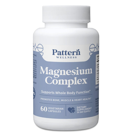 Pattern Wellness Magnesium Complex bottle on a clean counter, supports everyday relaxation and muscle function