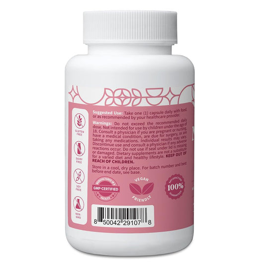 Pattern Wellness Menopause Complex bottle-back conveys vegan, gluten-free formula for natural balance