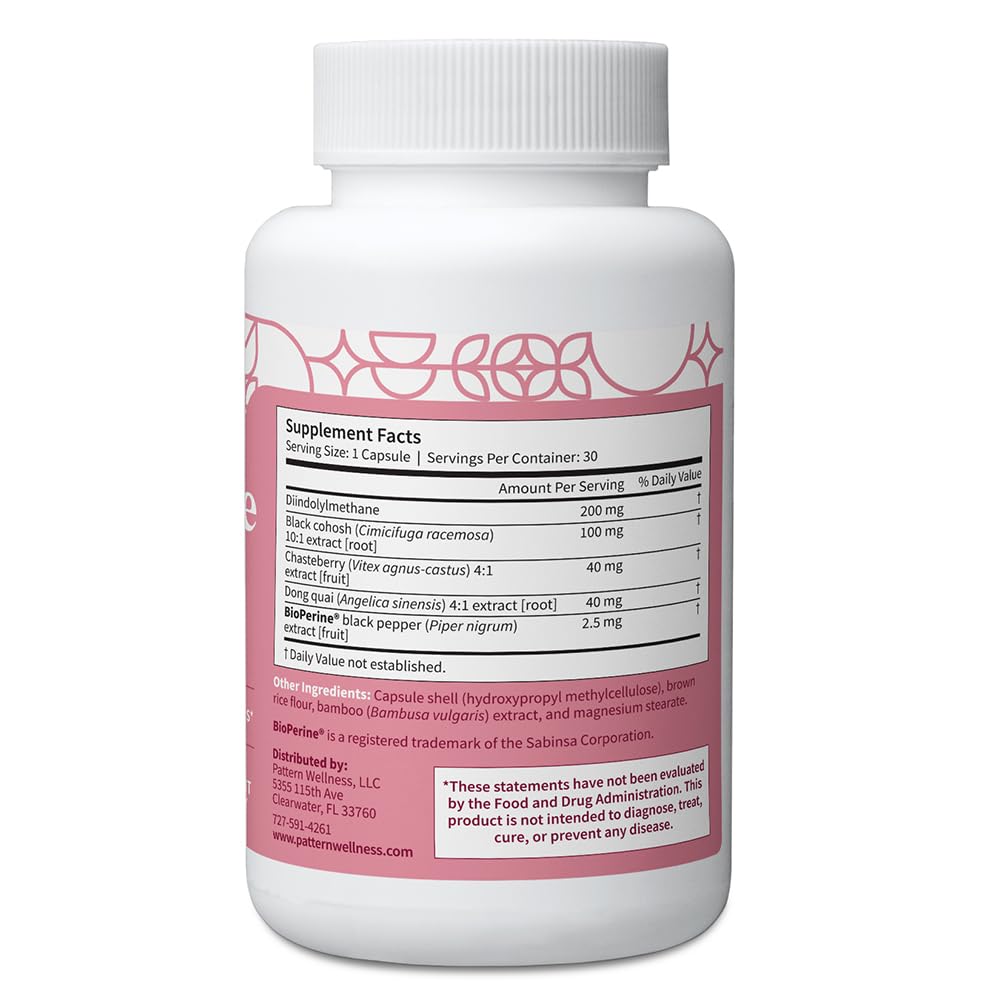 Pattern Wellness Menopause Complex capsules-closeup emphasizes DIM and Black Cohosh for menopausal support