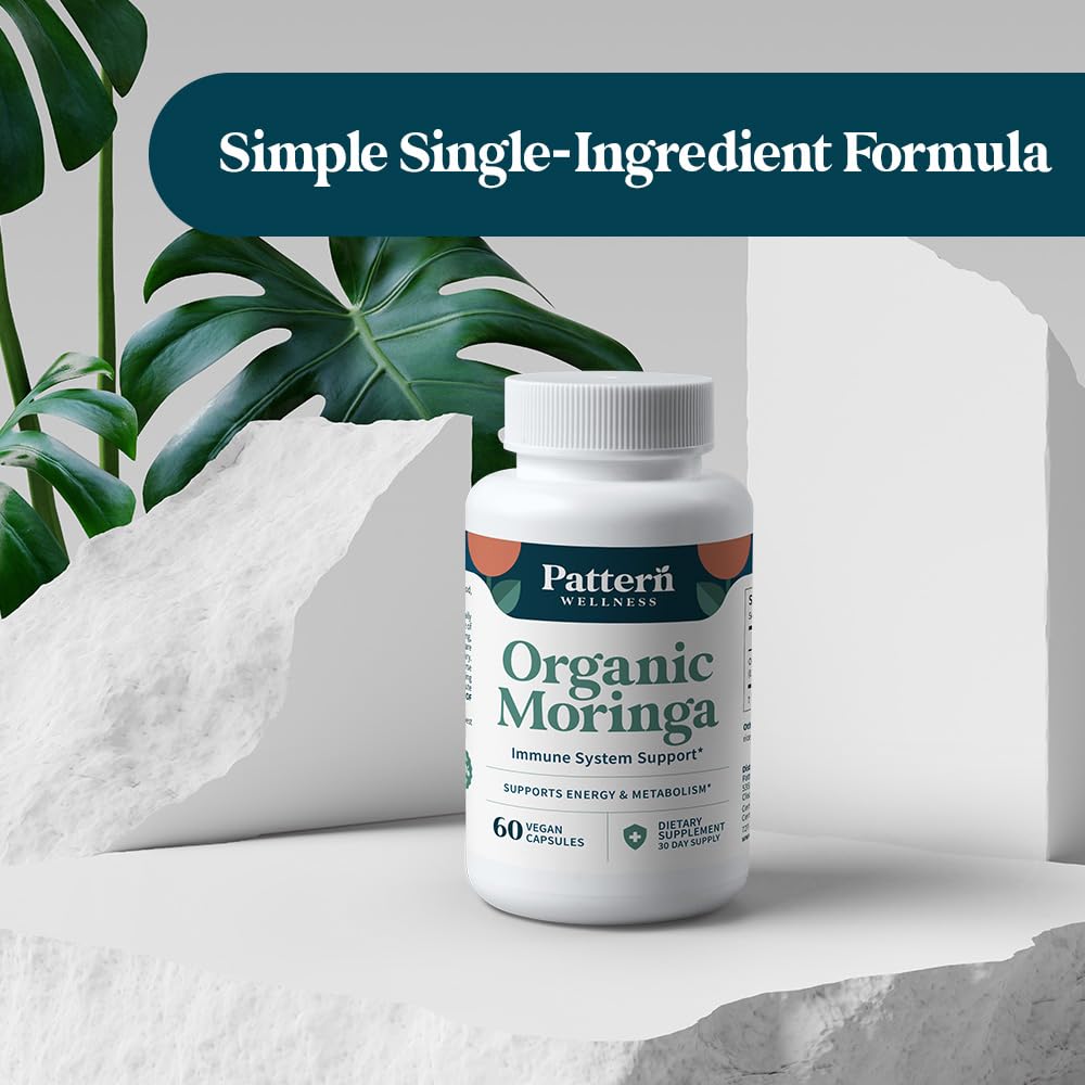 Pattern Wellness Moringa Minerals Calcium Potassium Magnesium close-up with health focus.