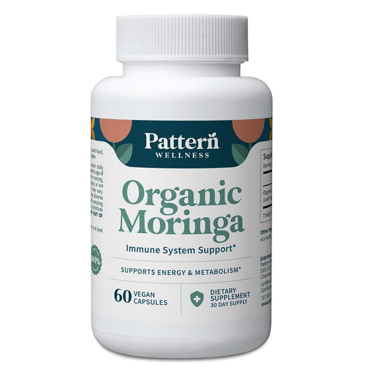 Pattern Wellness Moringa Organic bottle front for daily antioxidant support.