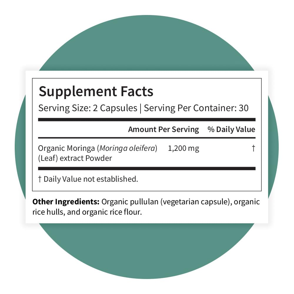 Pattern Wellness Moringa Organic Certification Seal close-up reinforces purity.