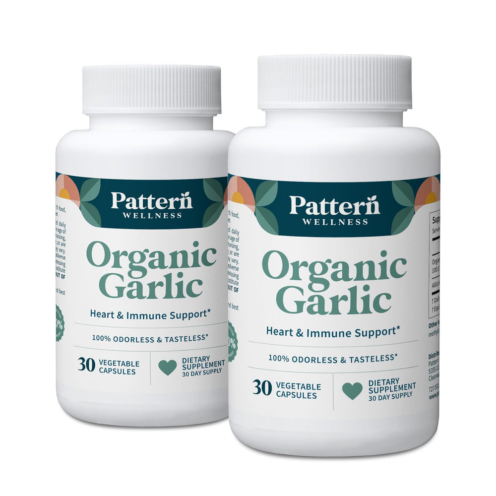 Pattern Wellness odorless garlic bottle with capsules for convenient daily support.