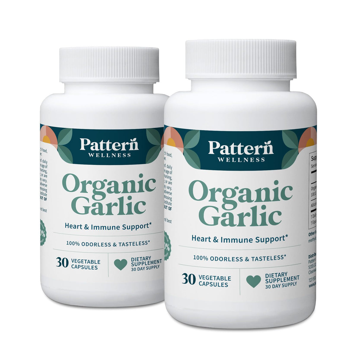 Pattern Wellness odorless garlic bottle with capsules for convenient daily support.