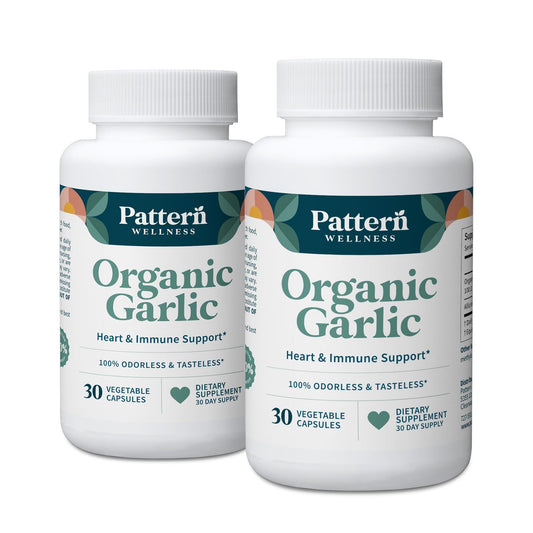 Pattern Wellness odorless garlic bottle with capsules for convenient daily support.