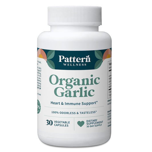 Pattern Wellness odorless organic garlic bottle ready for daily circulatory and immune support