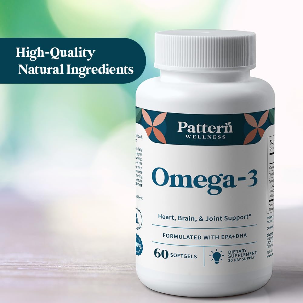 Pattern Wellness Omega3 softgels Peruvian sourcing hints at quality.