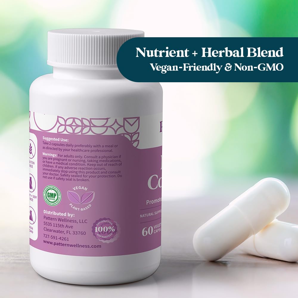Pattern Wellness PMS Complex vegan capsules on a minimalist surface