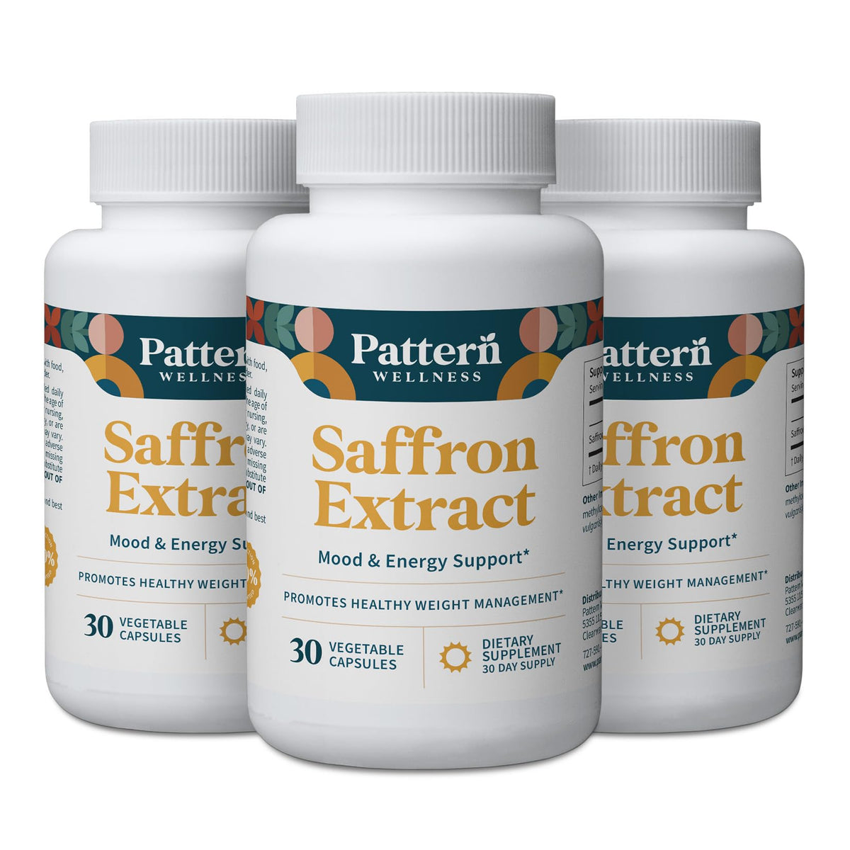 Pattern Wellness saffron extract bottle shown for daily mood support