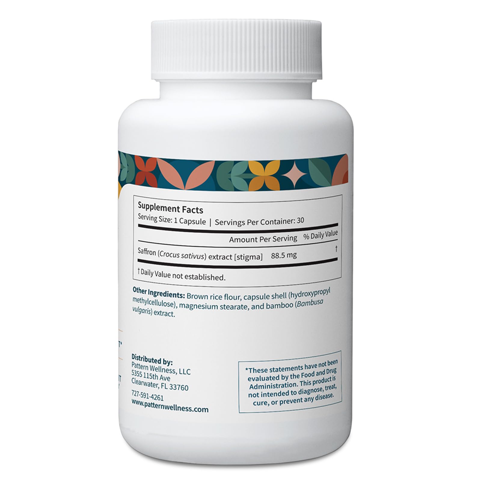 Pattern Wellness saffron extract label close-up showing non-GMO and gluten-free