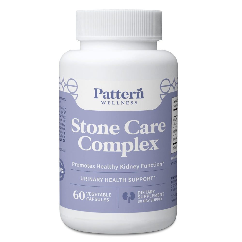Pattern Wellness Stone Care Complex bottle shows vegan capsules for daily wellness.