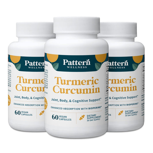 Pattern Wellness turmeric curcumin bottle closeup with BioPerine for absorption