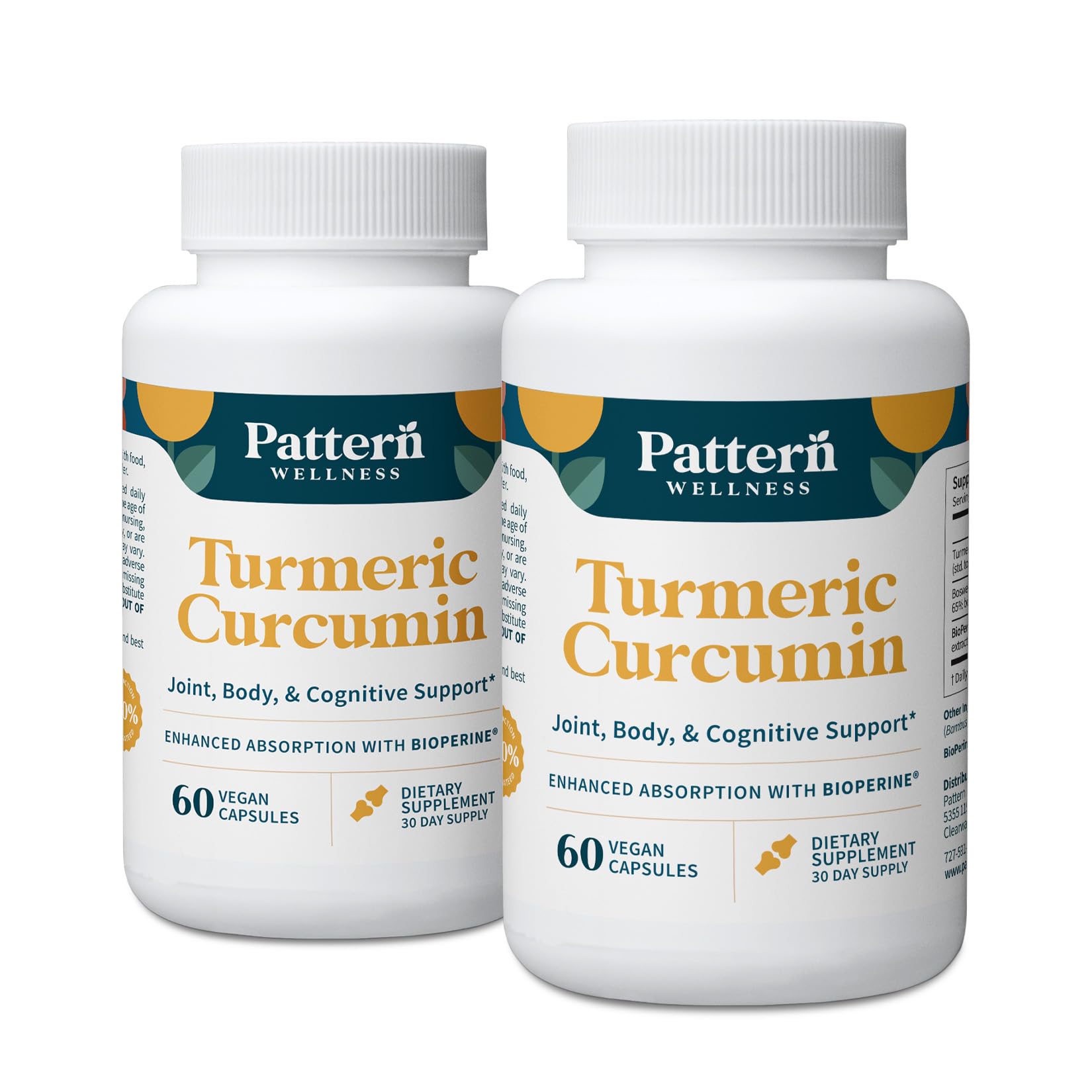 Pattern Wellness Turmeric Curcumin bottle highlights a joint support formula for active days.