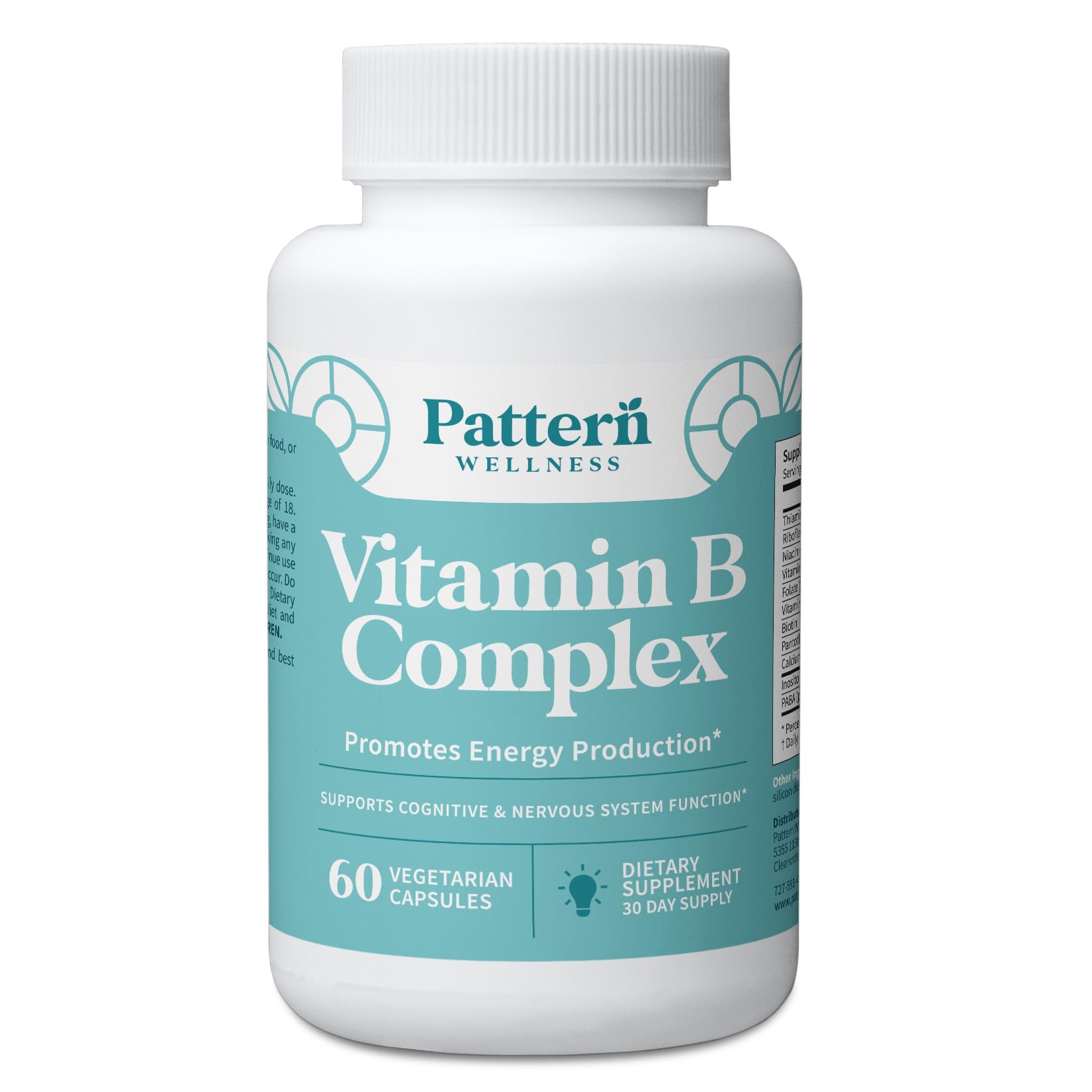 Pattern Wellness Vitamin B Complex bottle front highlighting energy support.