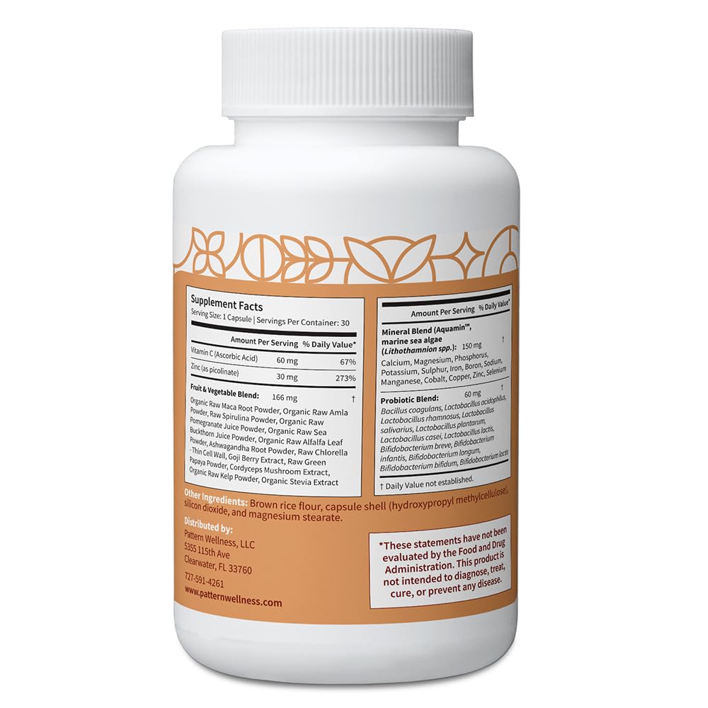 Pattern Wellness Zinc Complex natural blend with vitamin C and probiotics supports overall wellness.