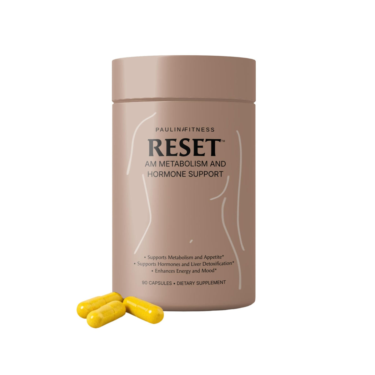 Paulina Fitness Reset AM bottle closeup showing metabolism support for steady energy
