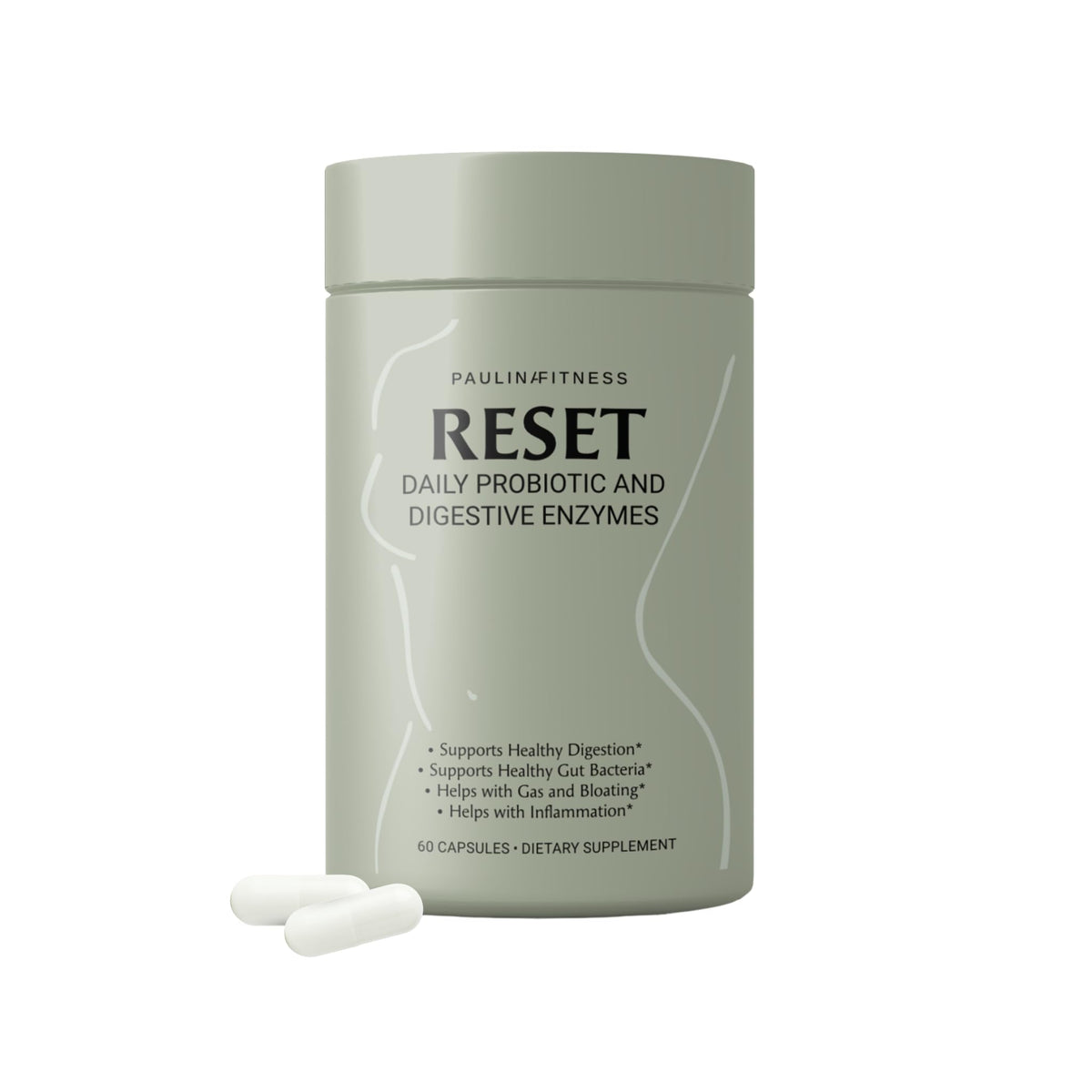 Paulina Fitness Reset Daily bottle front shows vegan gut support formula for balance.