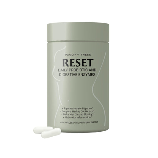 Paulina Fitness Reset Daily bottle front shows vegan gut support formula for balance.