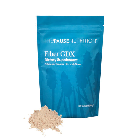 The 'Pause Life Fiber GDX bottle front shows a clean, gluten-free fiber option for daily use.