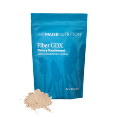 The 'Pause Life Fiber GDX bottle front shows a clean, gluten-free fiber option for daily use.