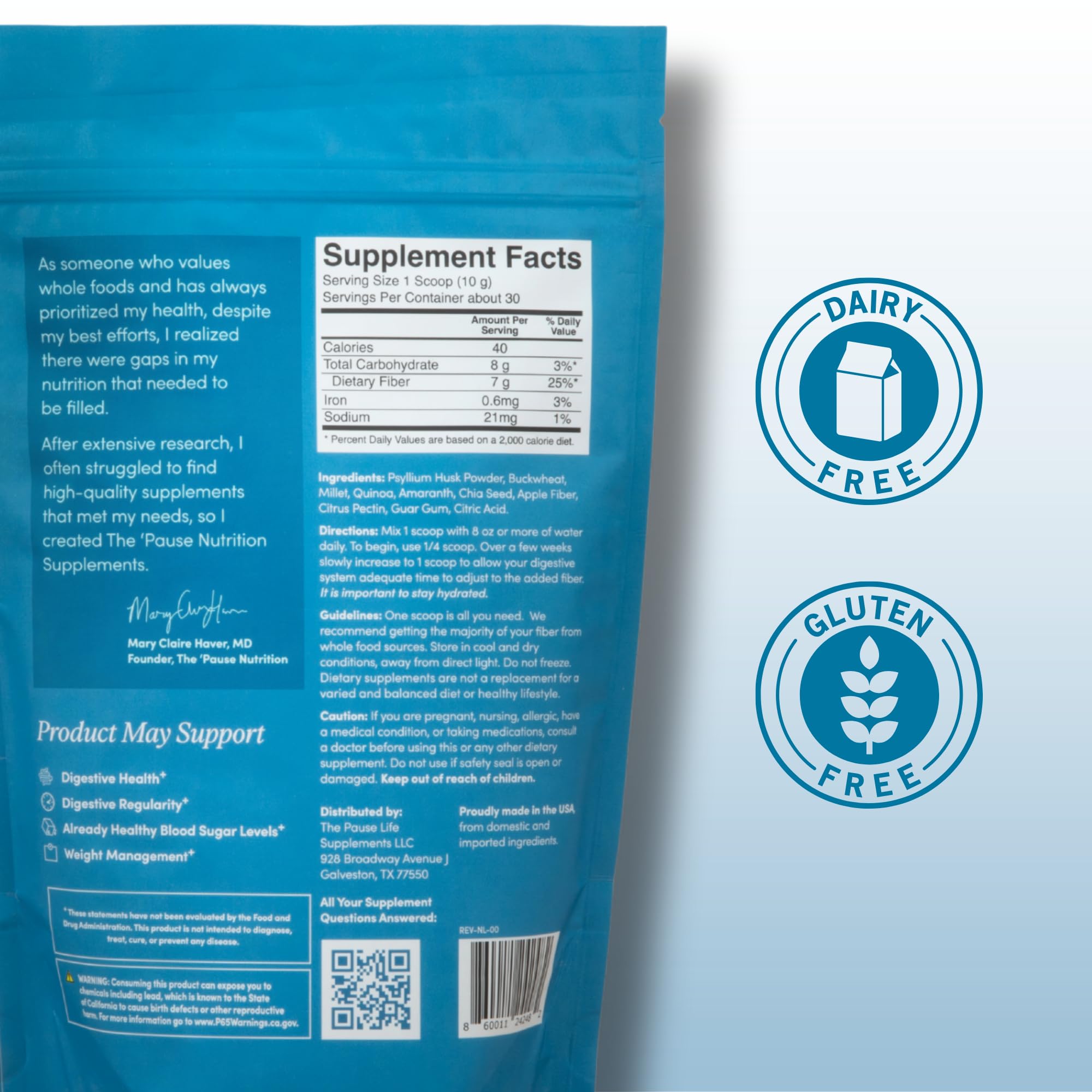 Pause Life Fiber GDX ingredients panel highlights a clean, gluten-free blend for everyday nutrition.