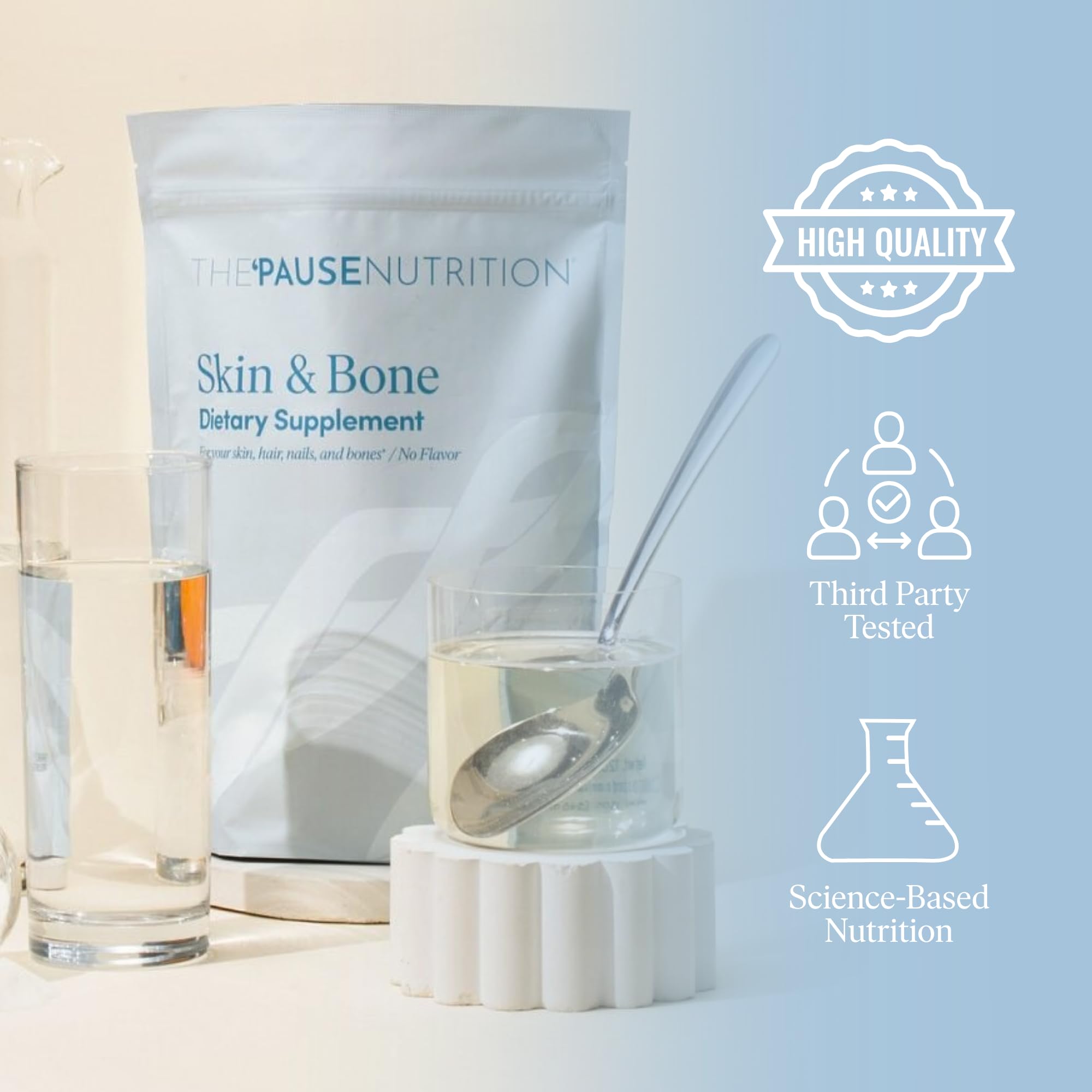 Pause Life Skin & Bone powder stirred into a glass of water.