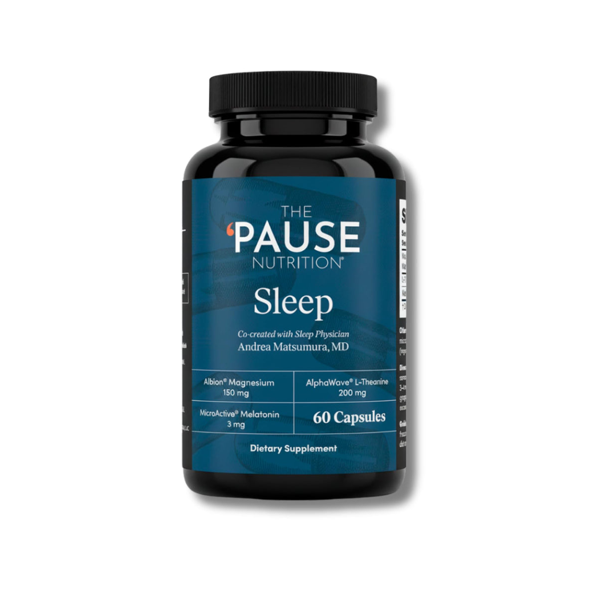 The Pause Life Sleep bottle front view with capsules for nightly use.