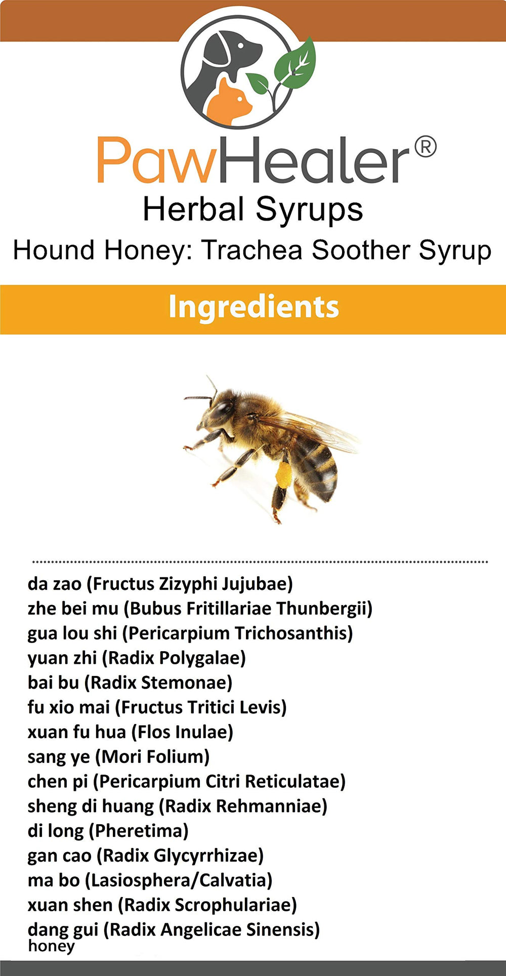 PawHealer Hound Honey label close-up highlighting natural herbal blend.