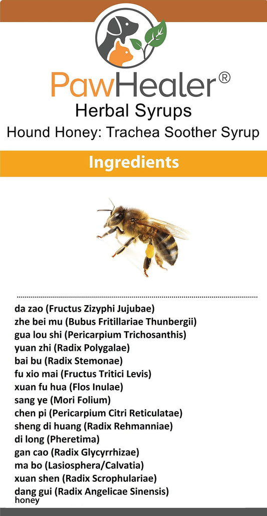 PawHealer Hound Honey label close-up highlighting natural herbal blend.