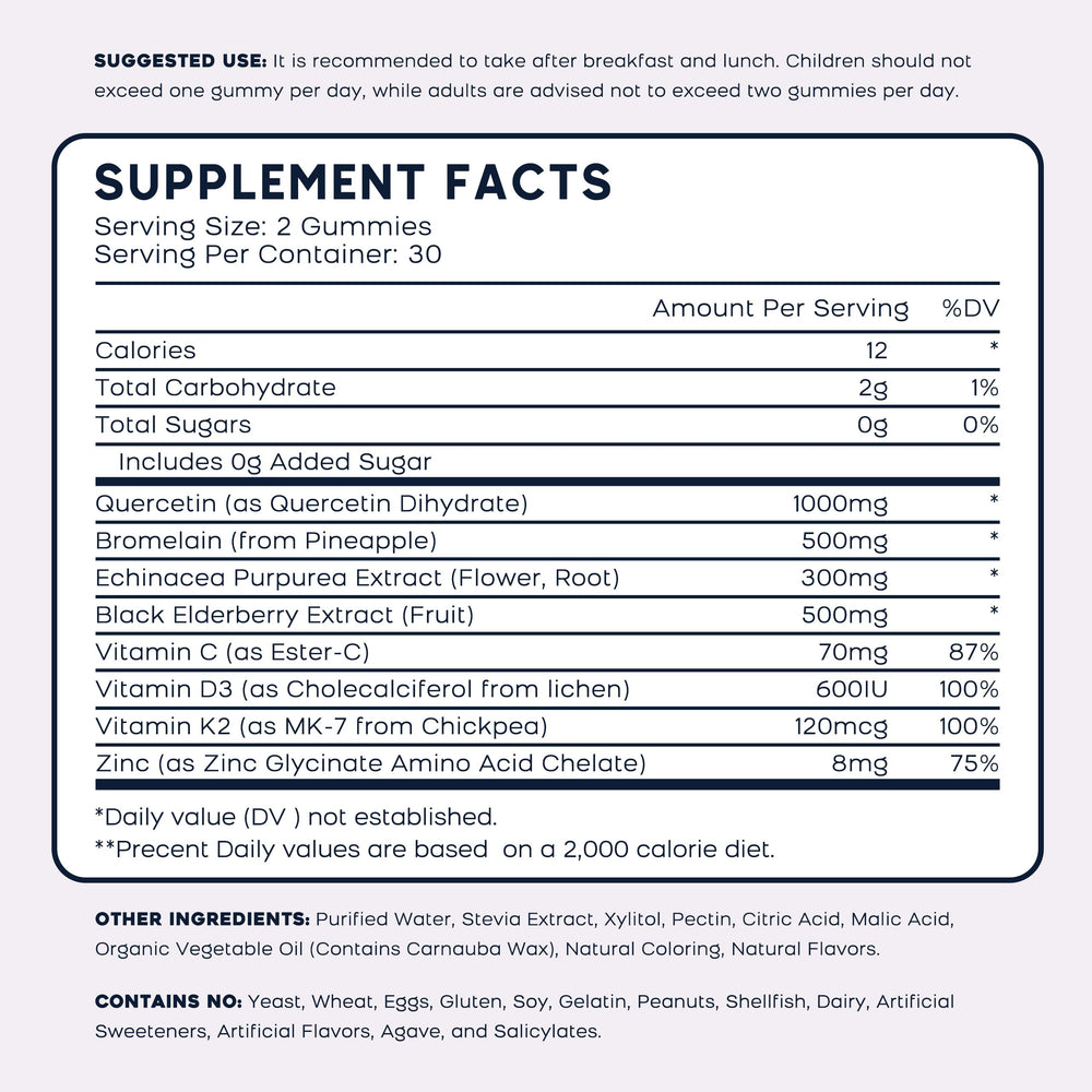 PAYAOCZ quercetin gummies with clear label highlighting 1000mg quercetin.