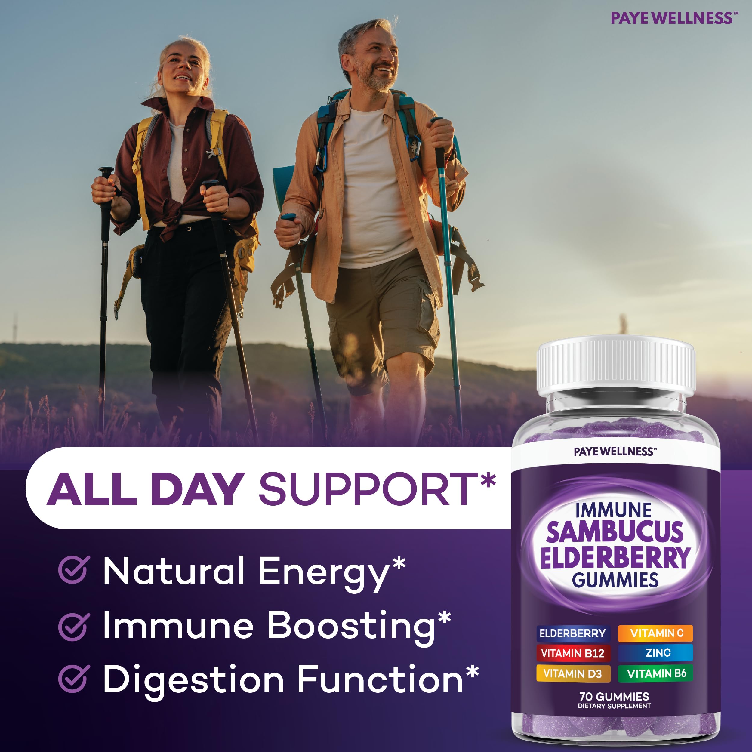 PAYÉ Elderberry Gummies family-dose setup showing adults two gummies per day