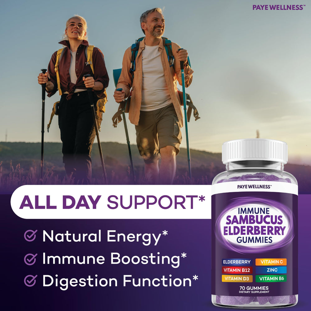 PAYÉ Elderberry Gummies family-dose setup showing adults two gummies per day