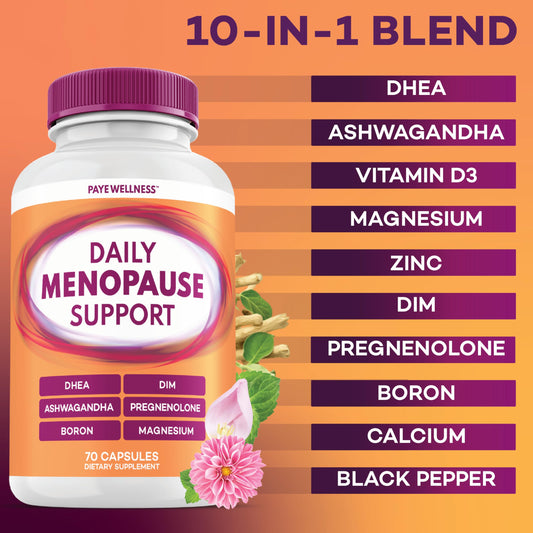 PAYÉ menopause bottle closeup highlighting capsules for steady energy.
