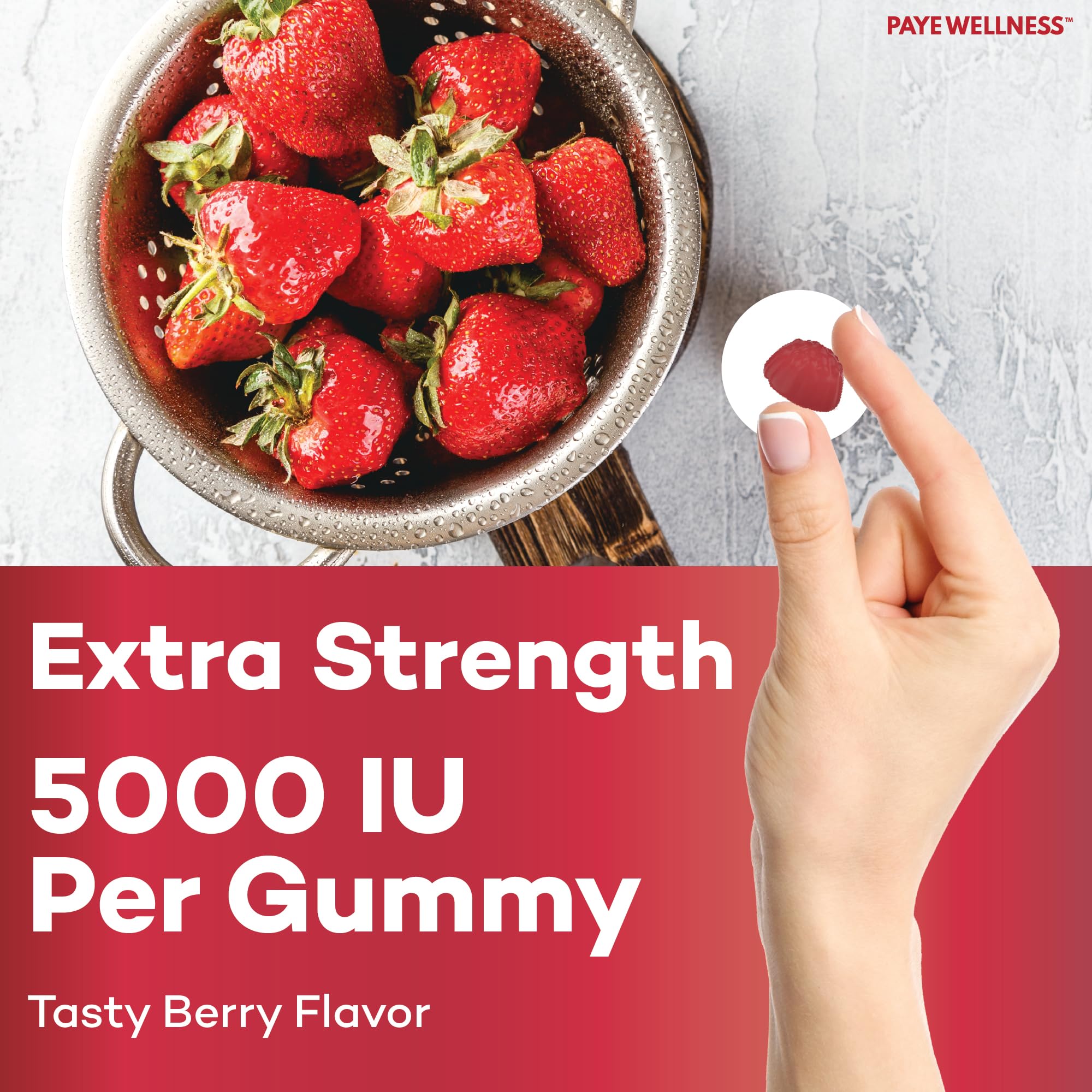 PAYÉ Vitamin D Gummies berry flavor close-up suggests tasty daily wellness.