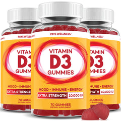 PAYÉ Vitamin D Gummies bottle front highlighting high-potency D3 for daily bone support.