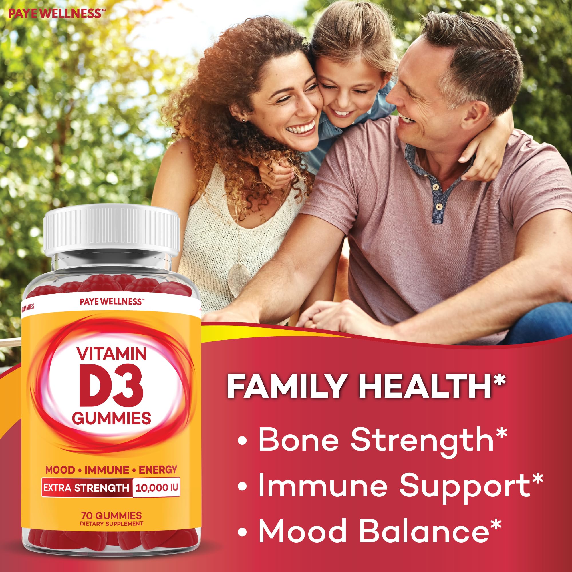 PAYÉ Vitamin D Gummies serving-two image shows two gummies for adult daily dosage.