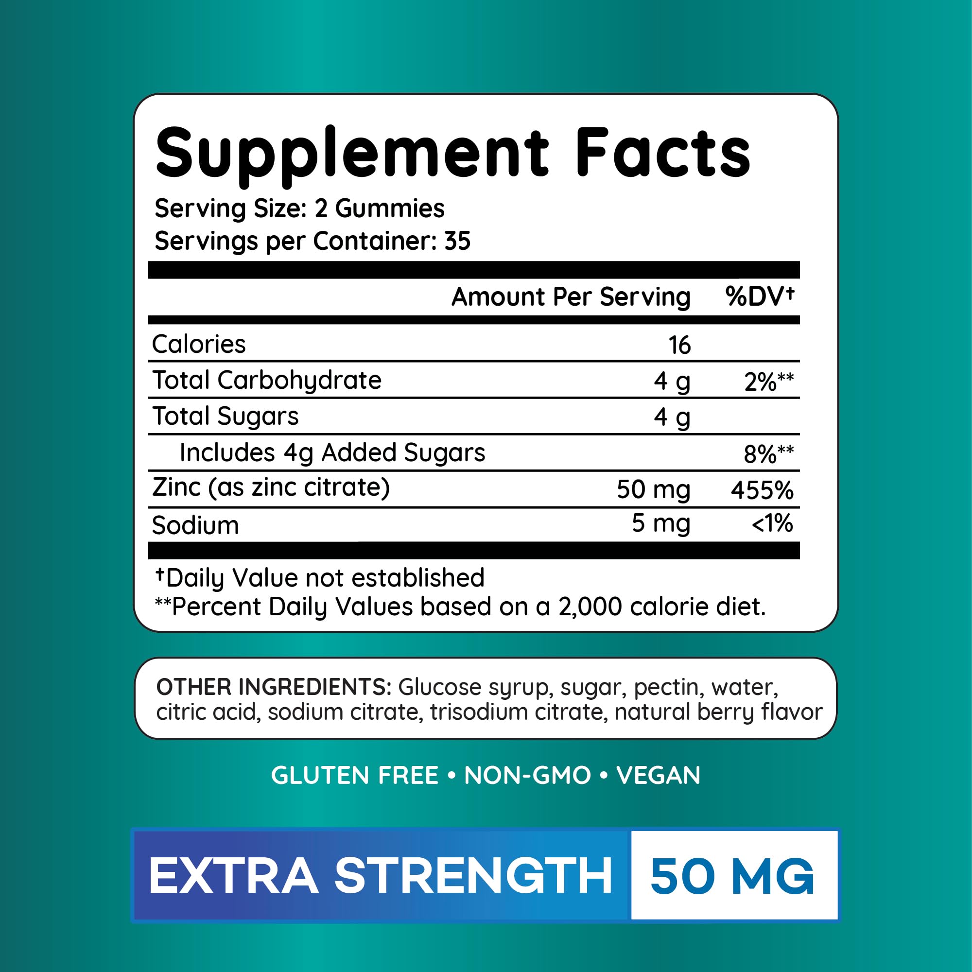 PAYÉ Zinc Gummies ingredients panel highlighting vegetarian pectin formula.