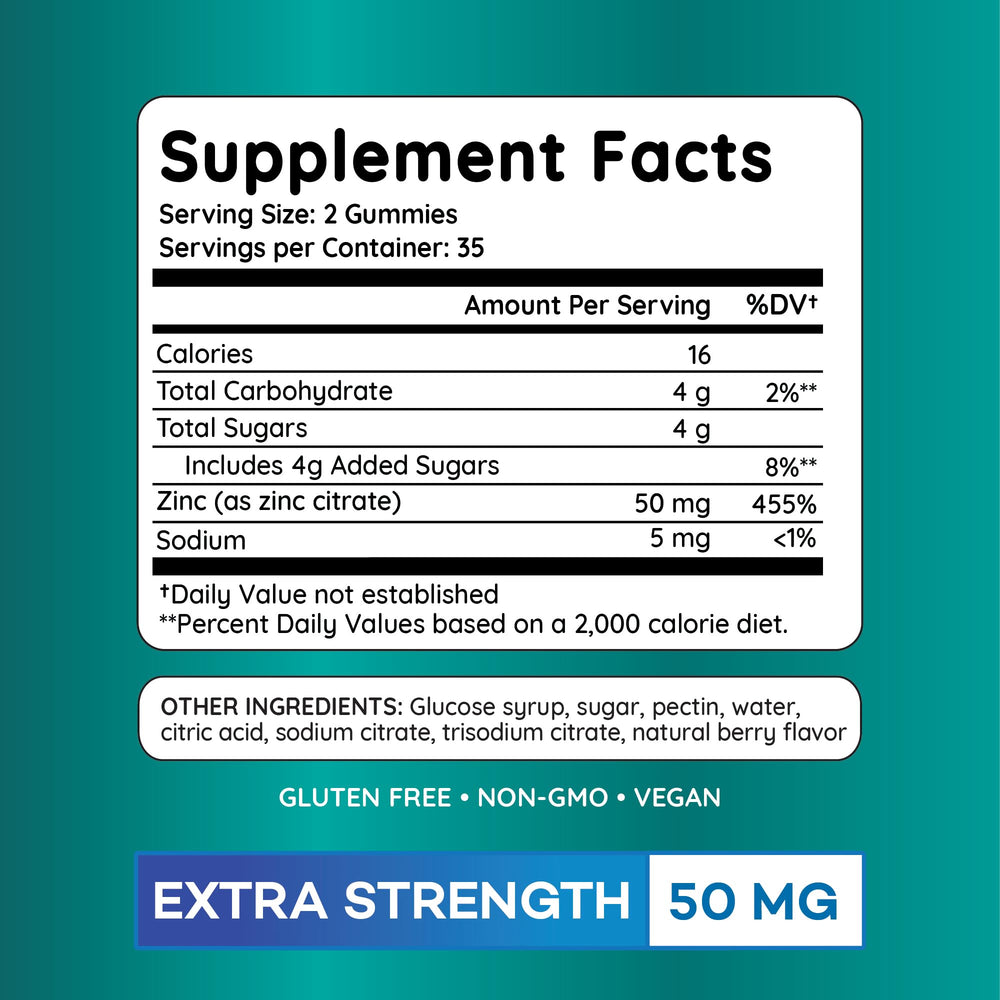PAYÉ Zinc Gummies ingredients panel highlighting vegetarian pectin formula.